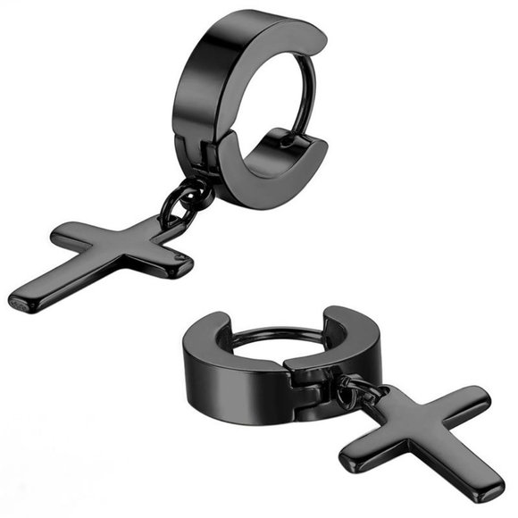 Black Stainless Steel Cross Drop Earrings - Picture 3 of 10